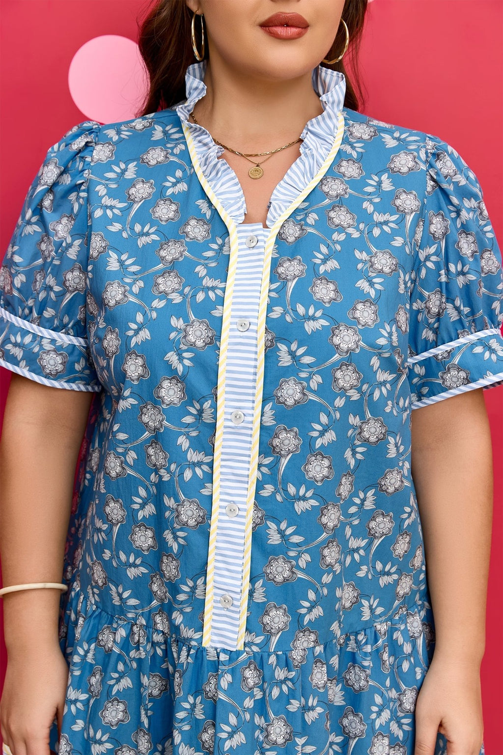 Plus Size Floral Stripe Patchwork Ruffle Dress - Rooted & Reckless Co.