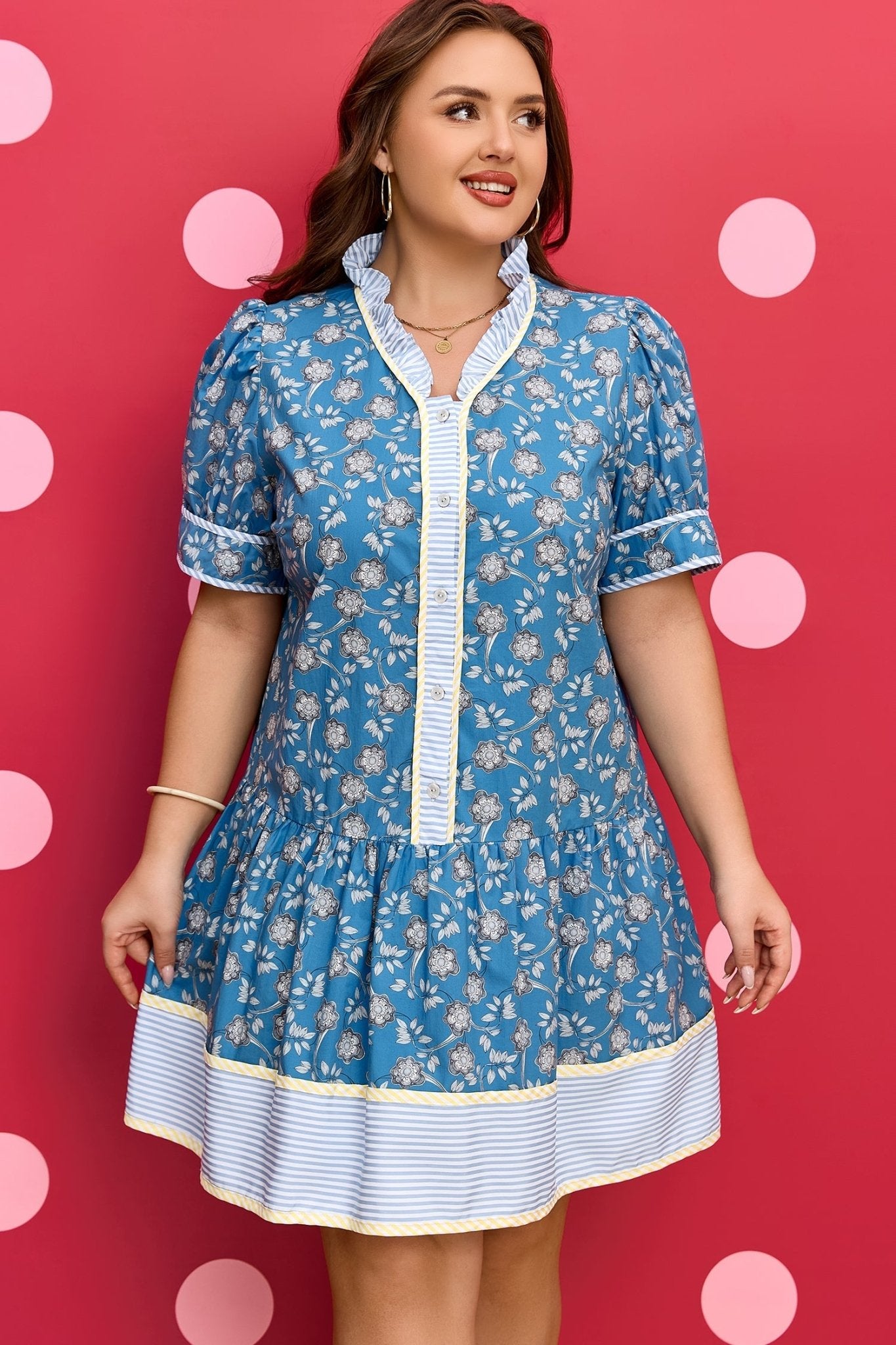 Plus Size Floral Stripe Patchwork Ruffle Dress - Rooted & Reckless Co.