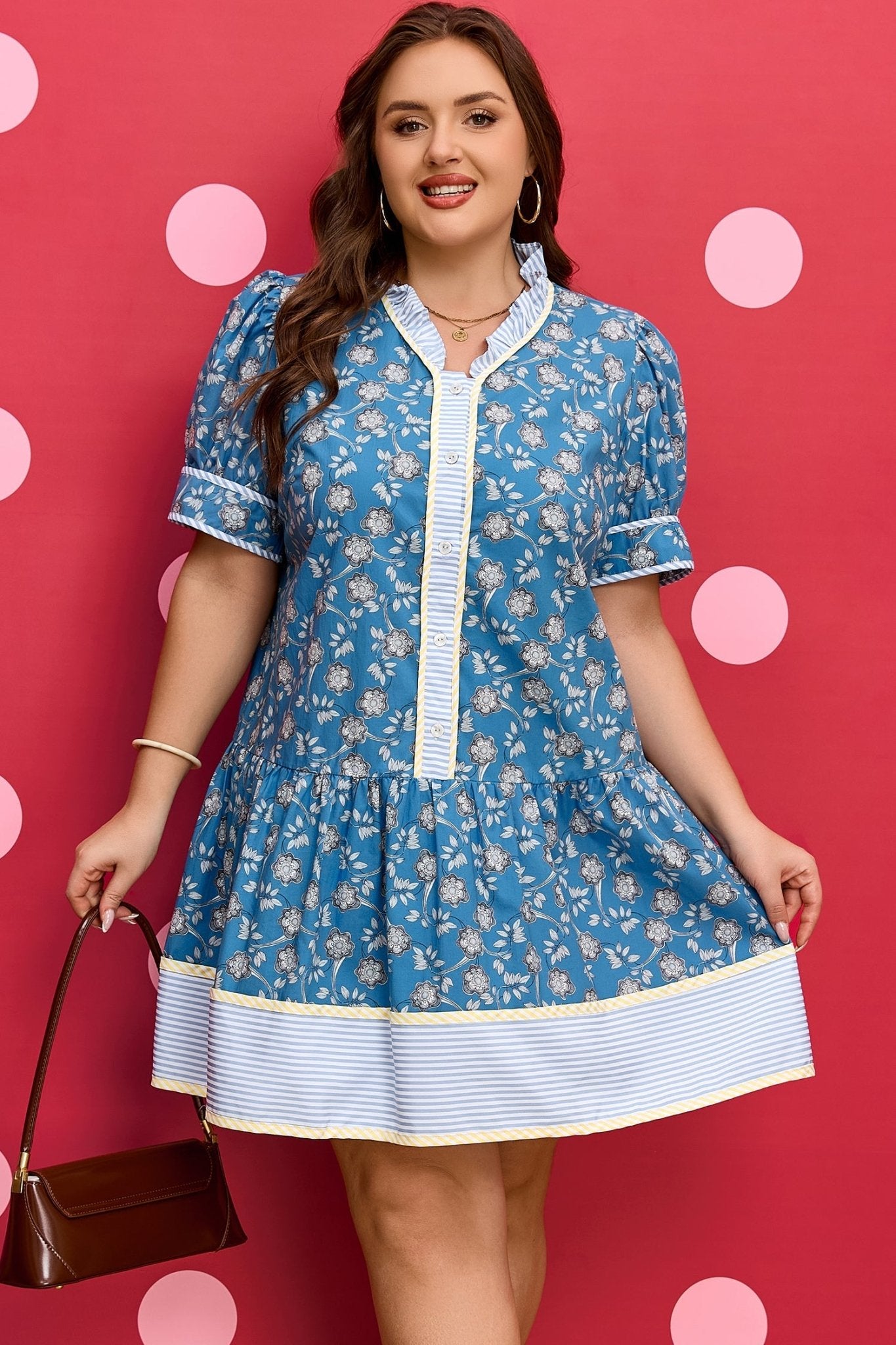 Plus Size Floral Stripe Patchwork Ruffle Dress - Rooted & Reckless Co.