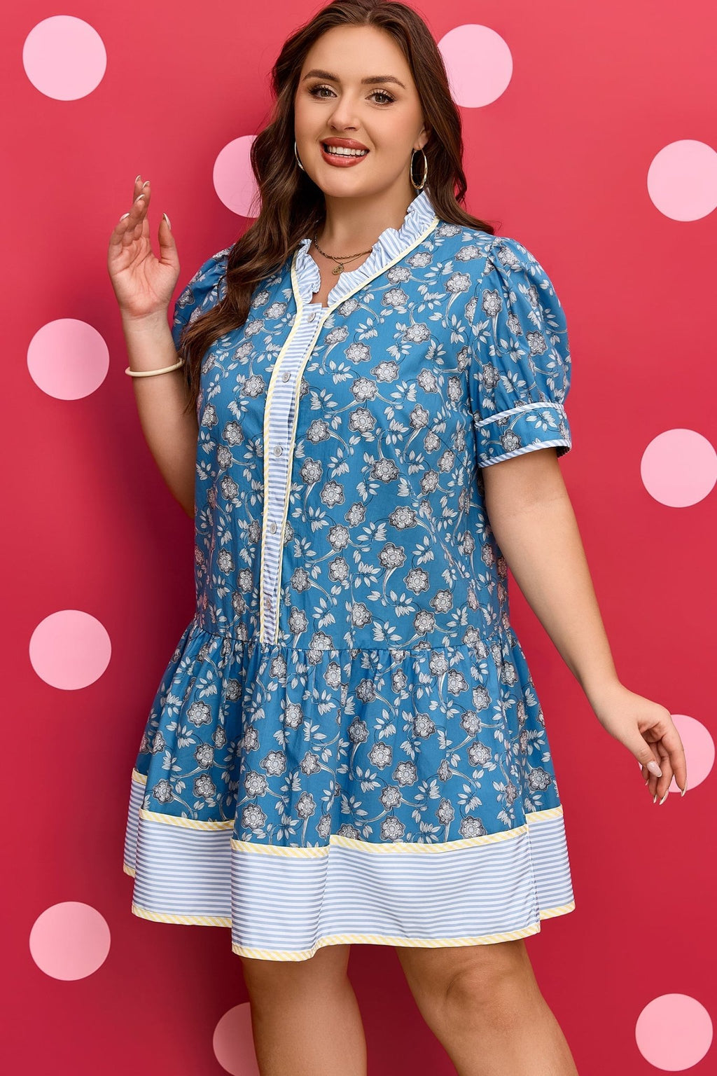 Plus Size Floral Stripe Patchwork Ruffle Dress - Rooted & Reckless Co.
