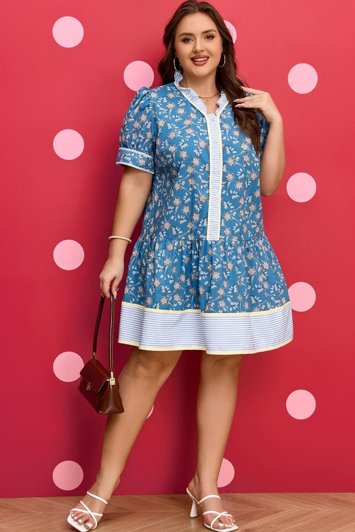Plus Size Floral Stripe Patchwork Ruffle Dress - Rooted & Reckless Co.