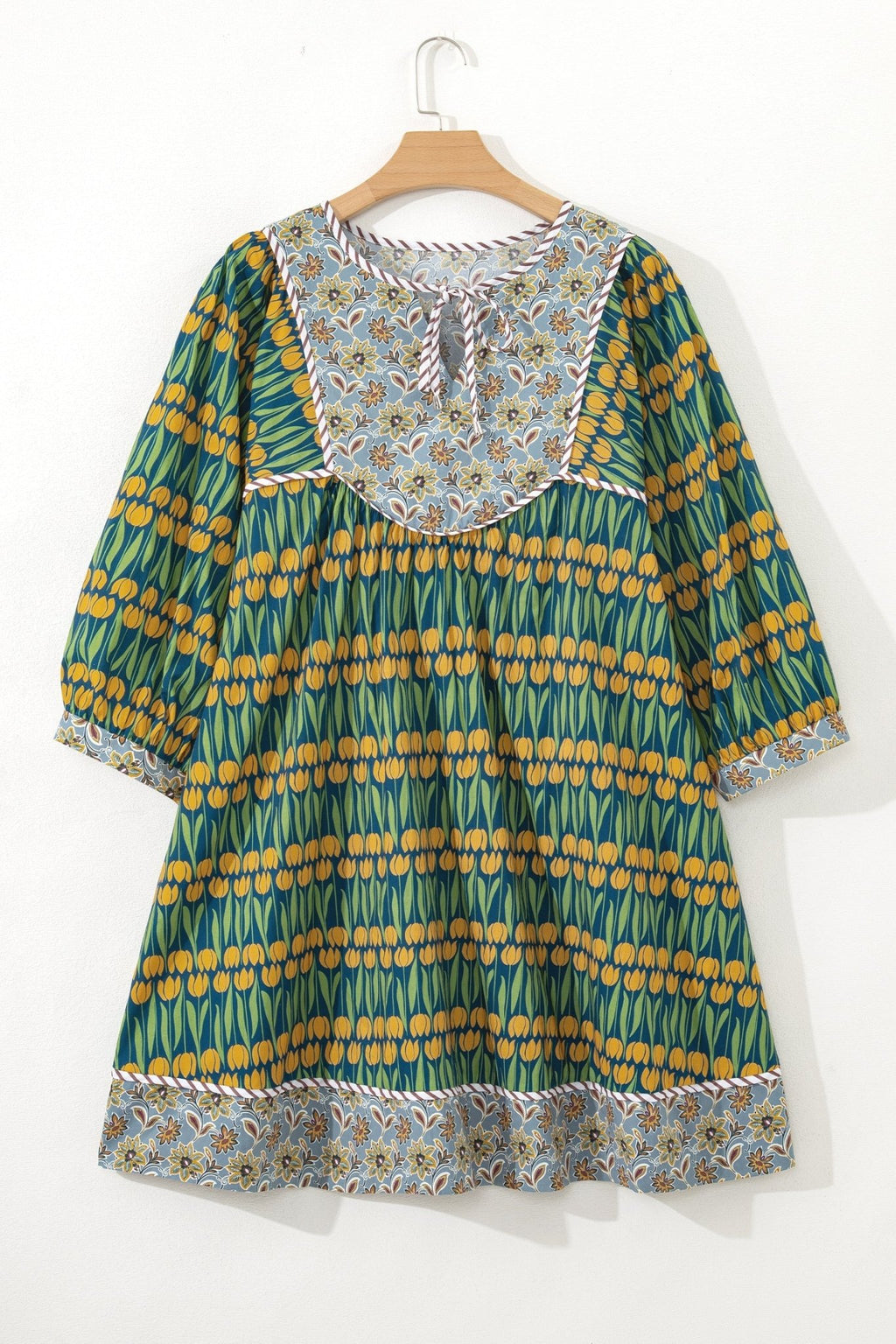 Plus Size Floral Stripe Trim 3/4 Sleeve Mini Dress - Rooted & Reckless Co.