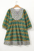 Plus Size Floral Stripe Trim 3/4 Sleeve Mini Dress - Rooted & Reckless Co.