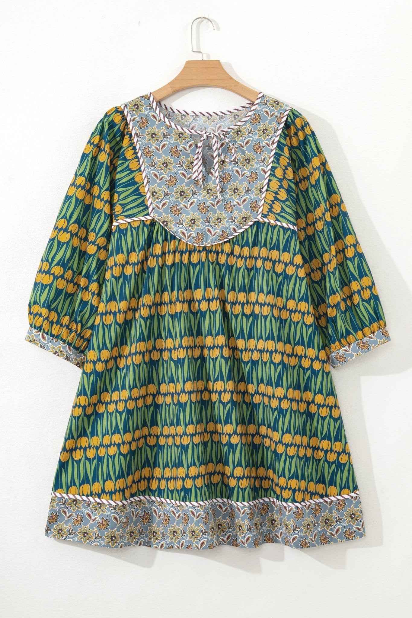 Plus Size Floral Stripe Trim 3/4 Sleeve Mini Dress - Rooted & Reckless Co.