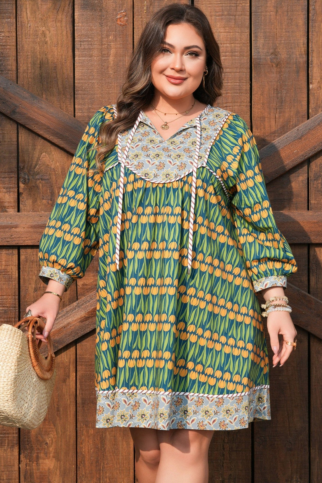 Plus Size Floral Stripe Trim 3/4 Sleeve Mini Dress - Rooted & Reckless Co.