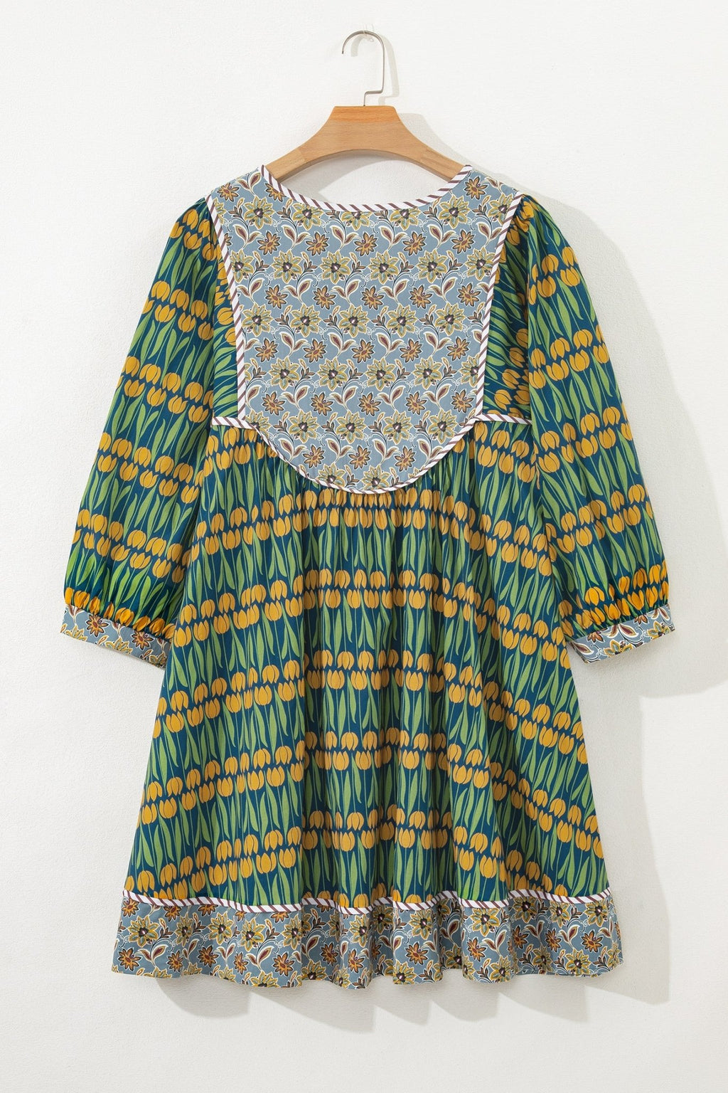 Plus Size Floral Stripe Trim 3/4 Sleeve Mini Dress - Rooted & Reckless Co.