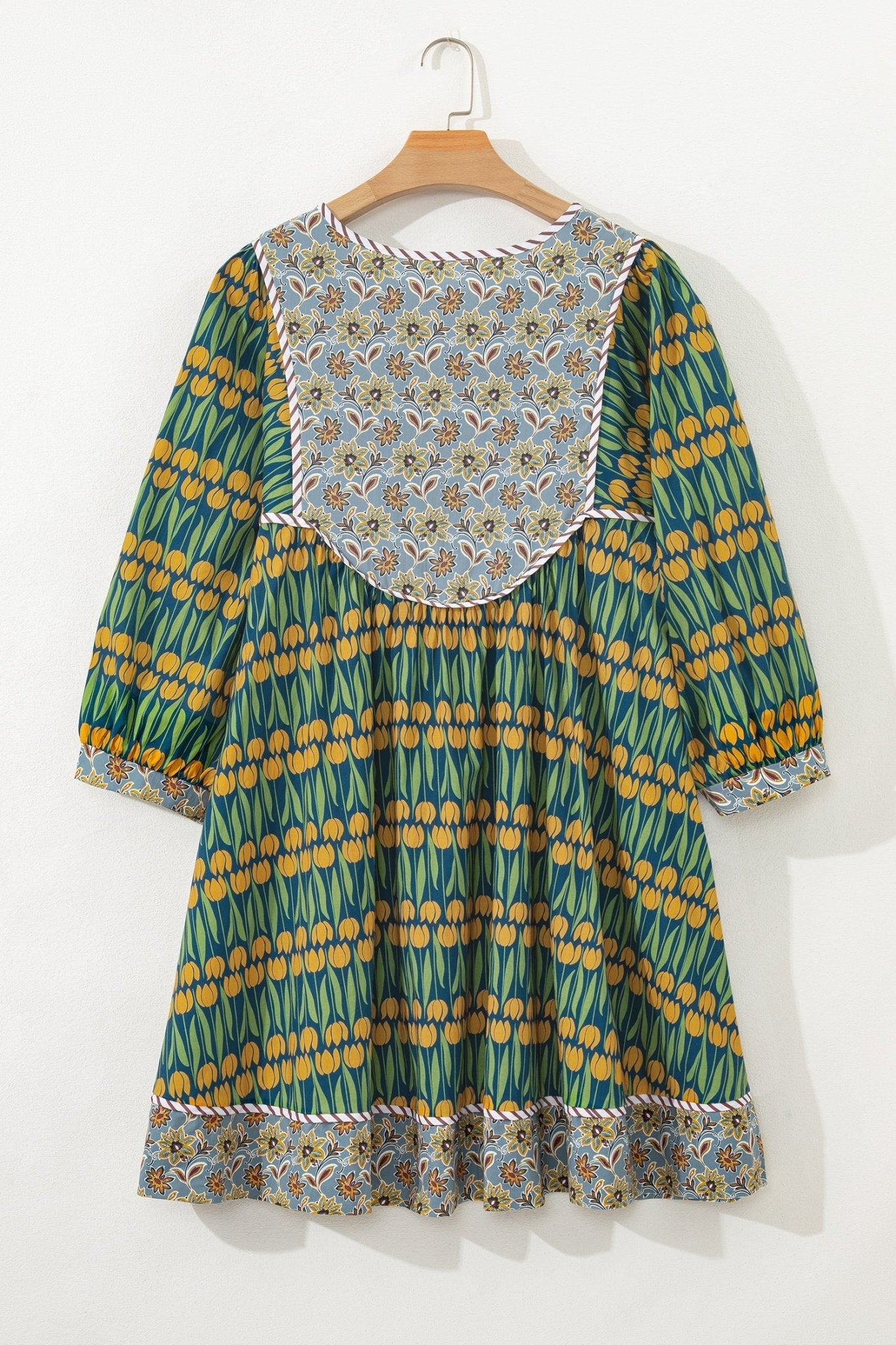 Plus Size Floral Stripe Trim 3/4 Sleeve Mini Dress - Rooted & Reckless Co.
