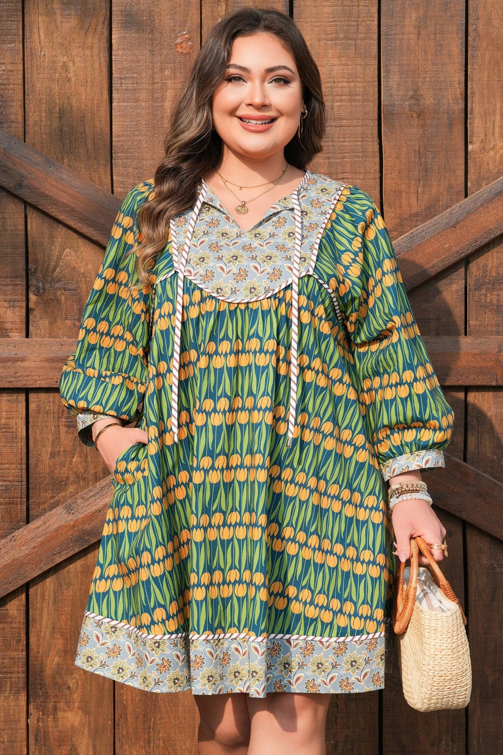 Plus Size Floral Stripe Trim 3/4 Sleeve Mini Dress - Rooted & Reckless Co.