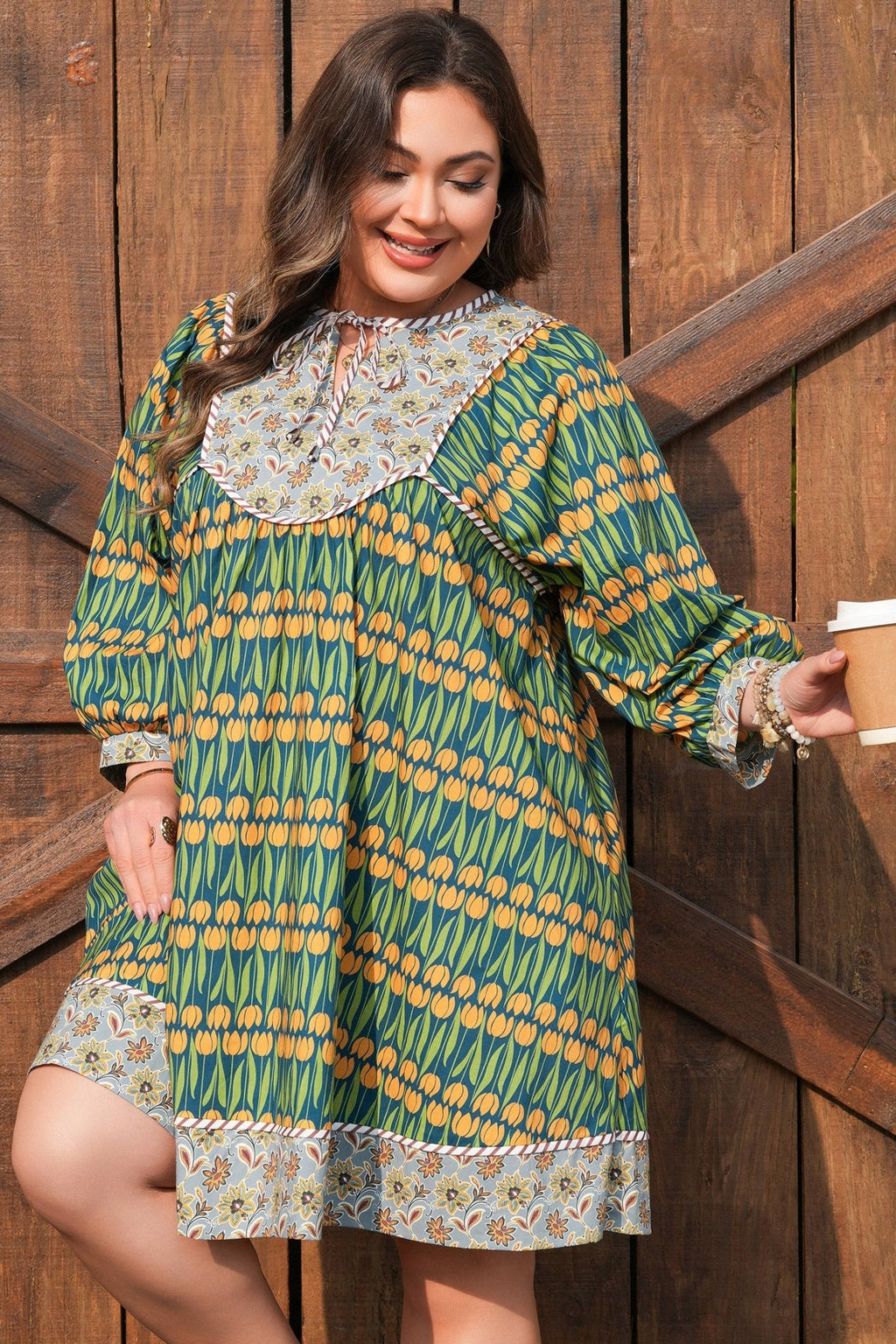 Plus Size Floral Stripe Trim 3/4 Sleeve Mini Dress - Rooted & Reckless Co.