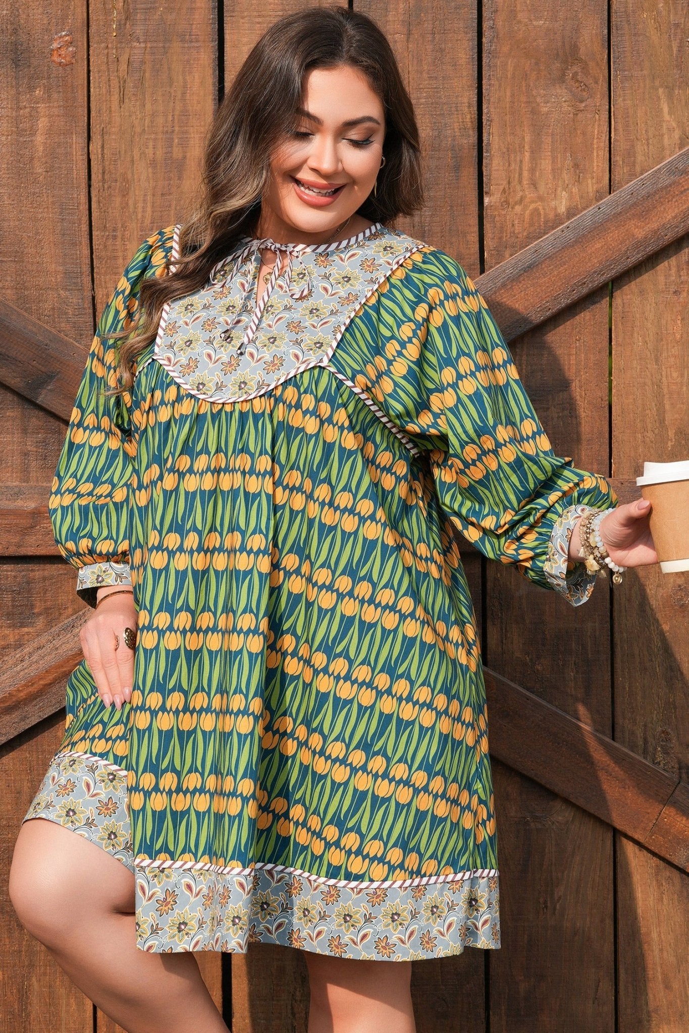 Plus Size Floral Stripe Trim 3/4 Sleeve Mini Dress - Rooted & Reckless Co.