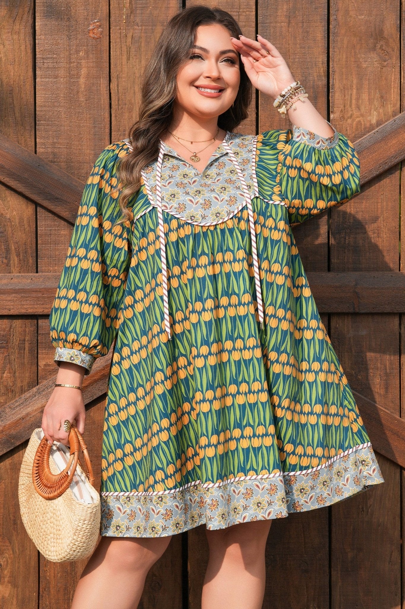 Plus Size Floral Stripe Trim 3/4 Sleeve Mini Dress - Rooted & Reckless Co.