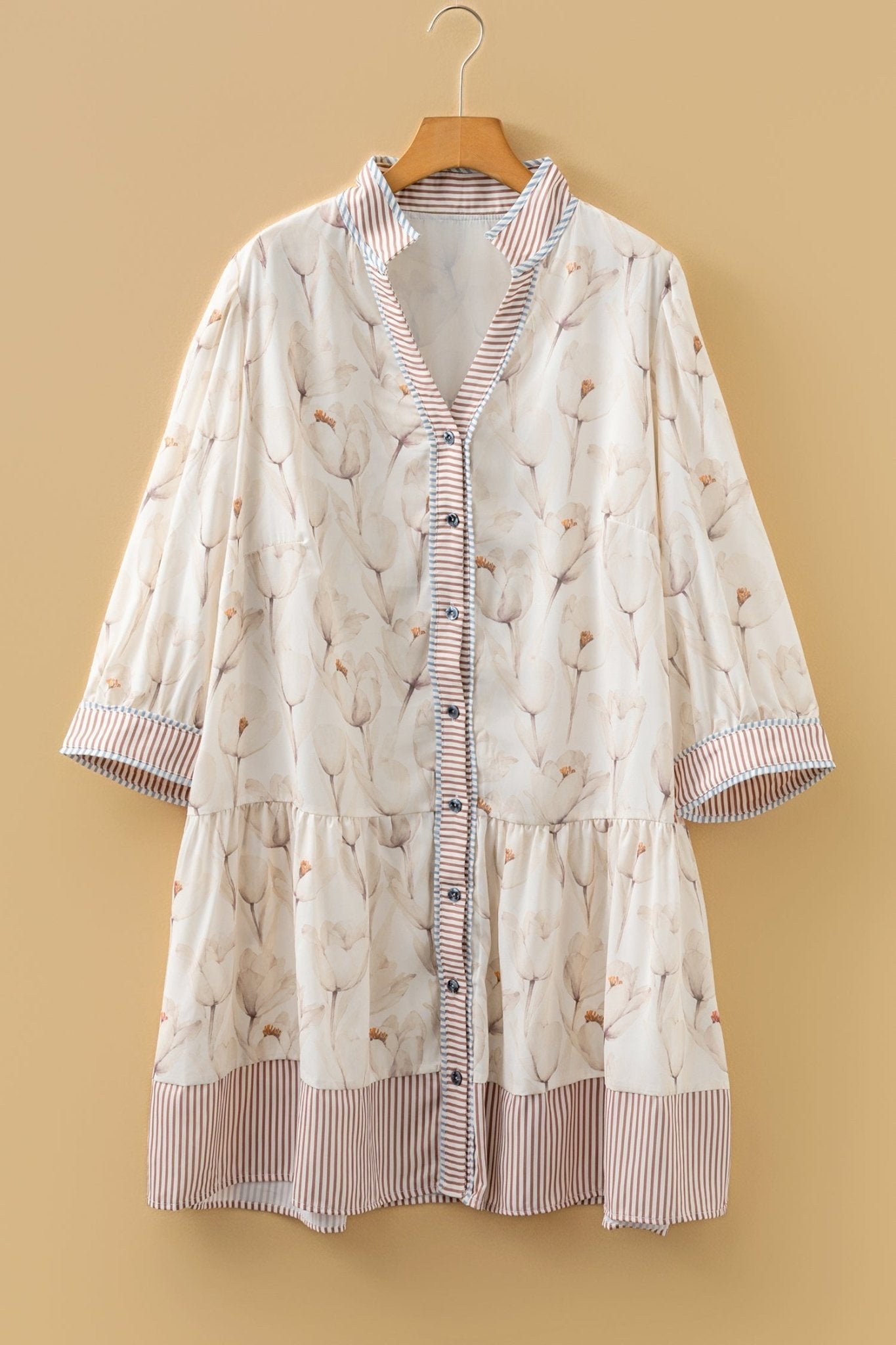 Plus Size Floral Stripe Trim Patchwork Button-Up Dress - Rooted & Reckless Co.