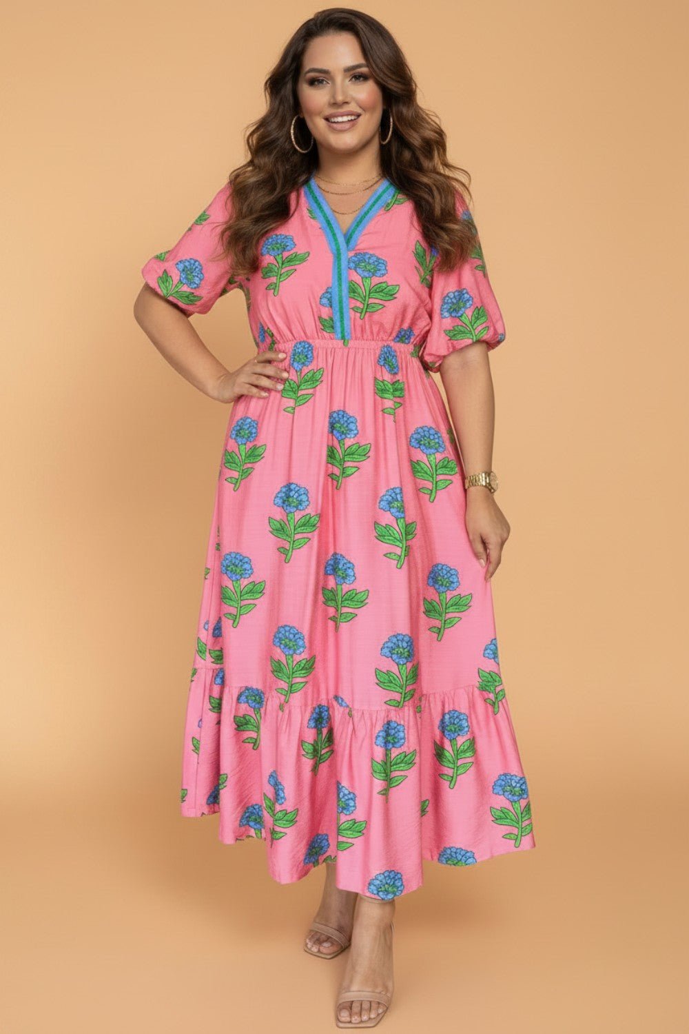 Plus Size Floral Stripe V-Neck Ruffle Maxi Dress - Rooted & Reckless Co.