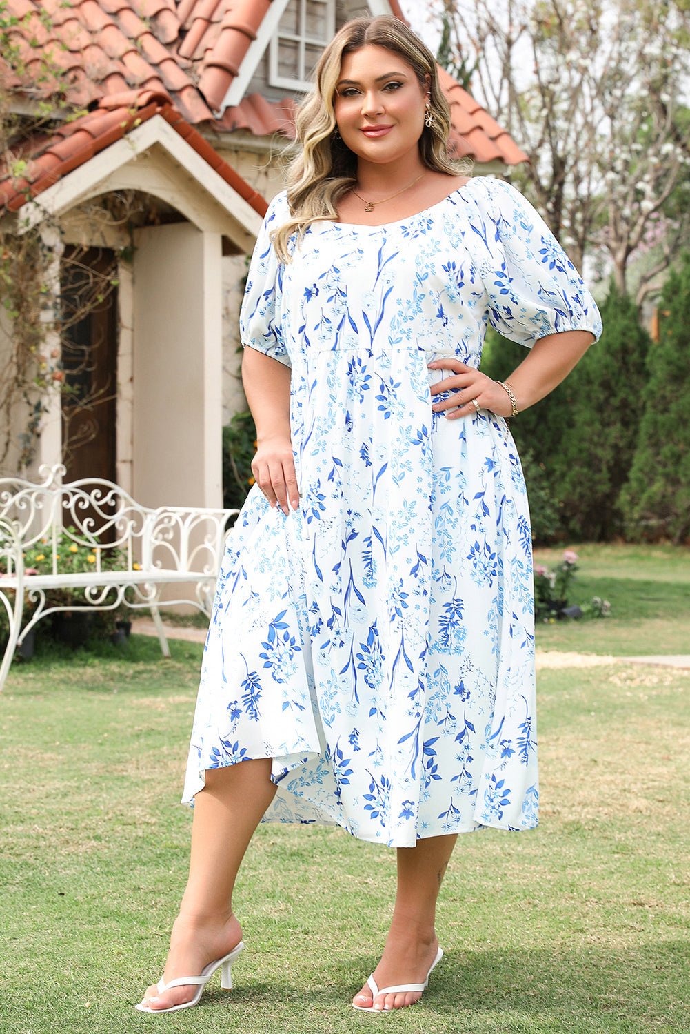 Plus Size Floral Sweetheart Neck Midi Dress - Rooted & Reckless Co.