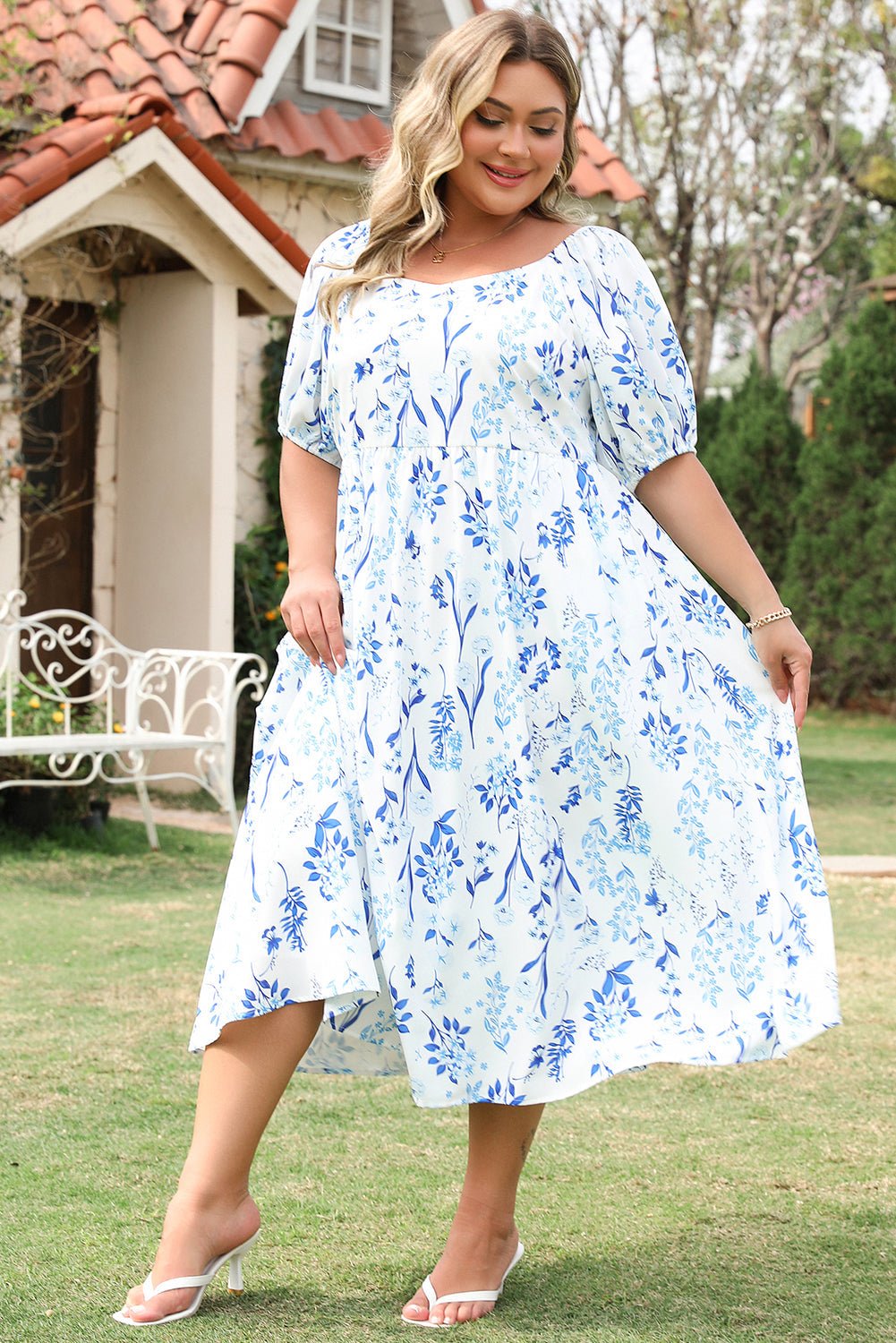 Plus Size Floral Sweetheart Neck Midi Dress - Rooted & Reckless Co.