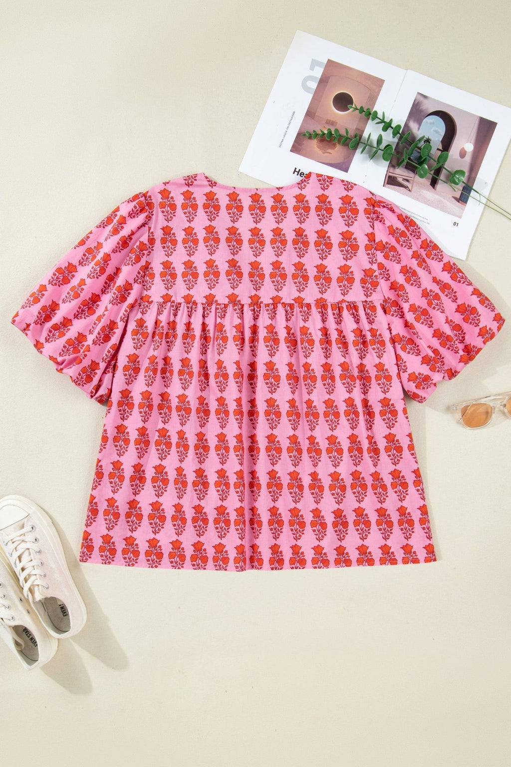Plus Size Floral Tassel Tie Puff Sleeve Blouse - Rooted & Reckless Co.