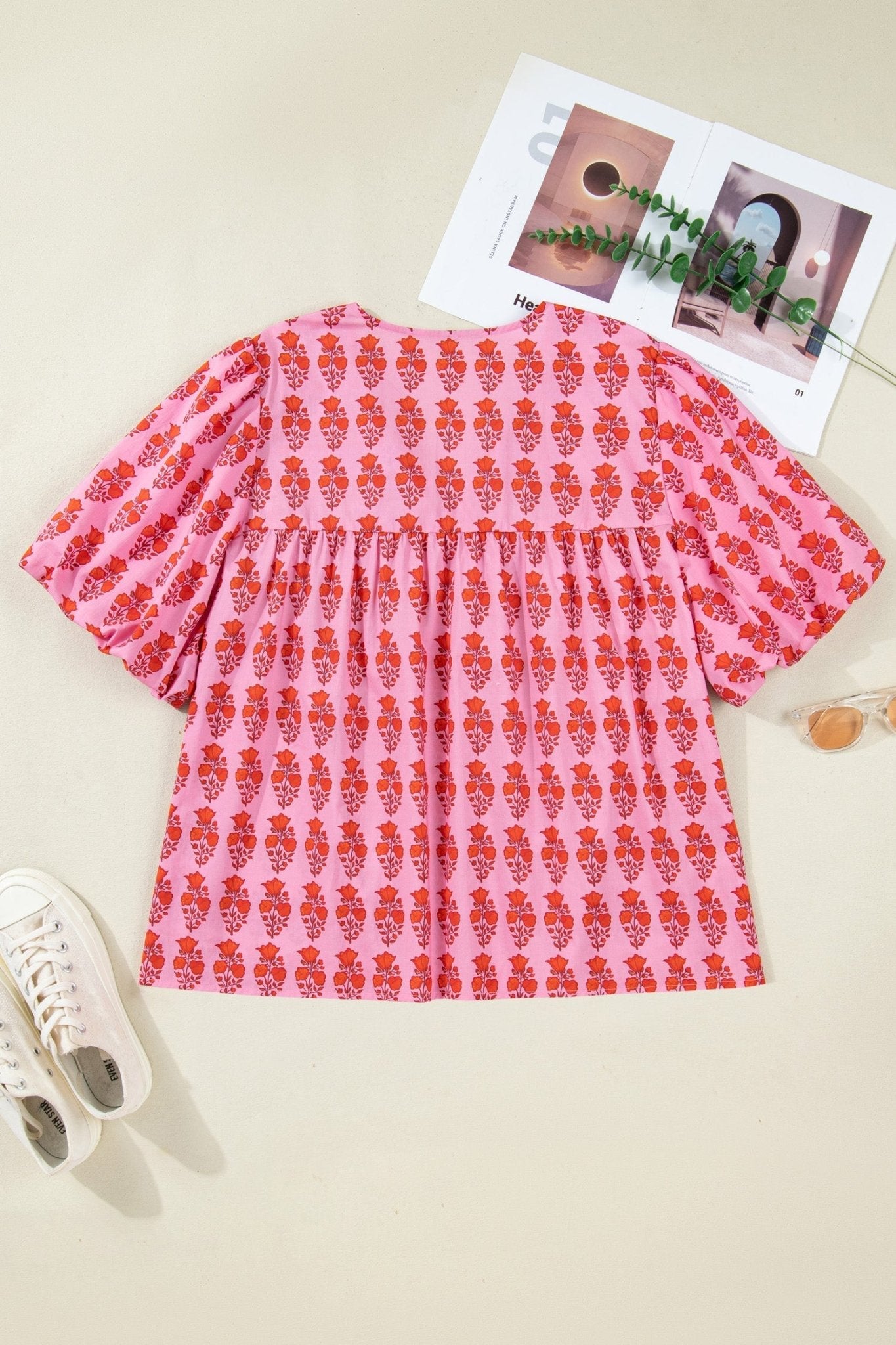Plus Size Floral Tassel Tie Puff Sleeve Blouse - Rooted & Reckless Co.
