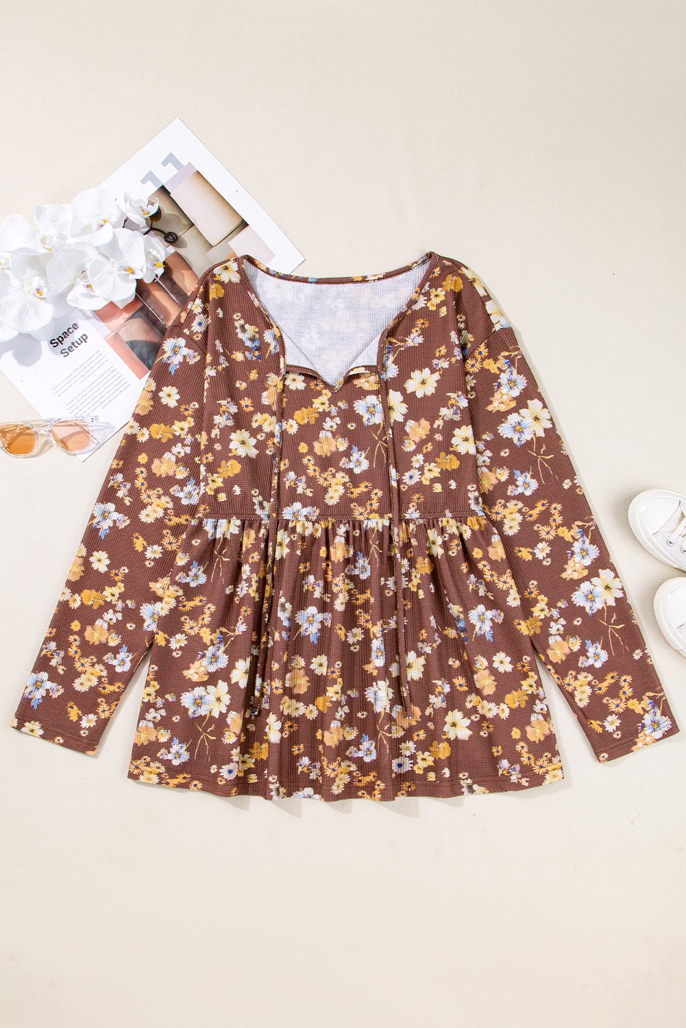 Plus Size Floral Textured Tied Neck Babydoll Blouse - Rooted & Reckless Co.