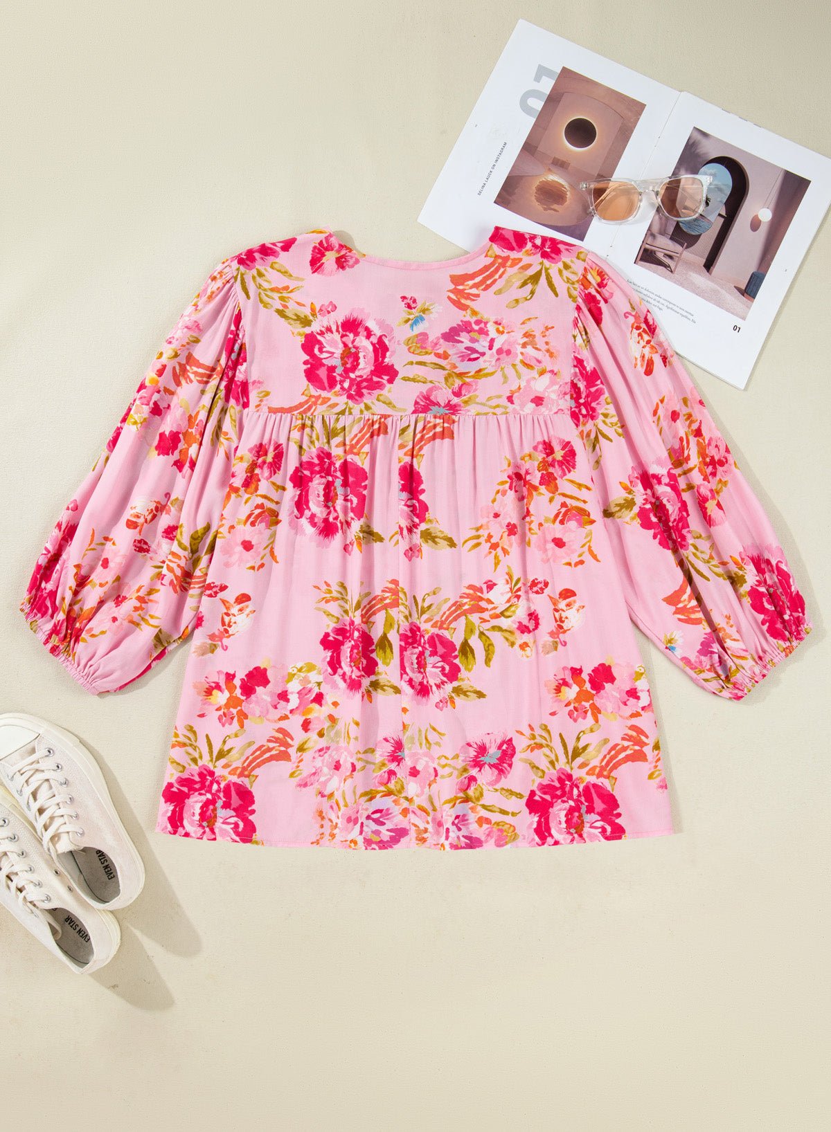 Plus Size Floral Tie V-Neck Puff Sleeve Top - Rooted & Reckless Co.