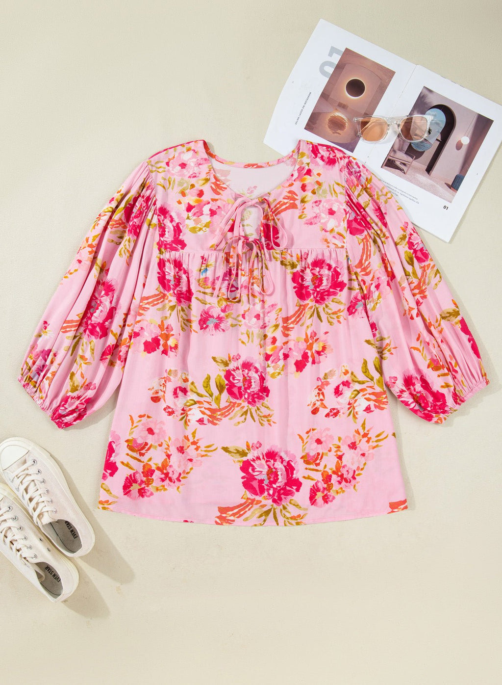 Plus Size Floral Tie V-Neck Puff Sleeve Top - Rooted & Reckless Co.