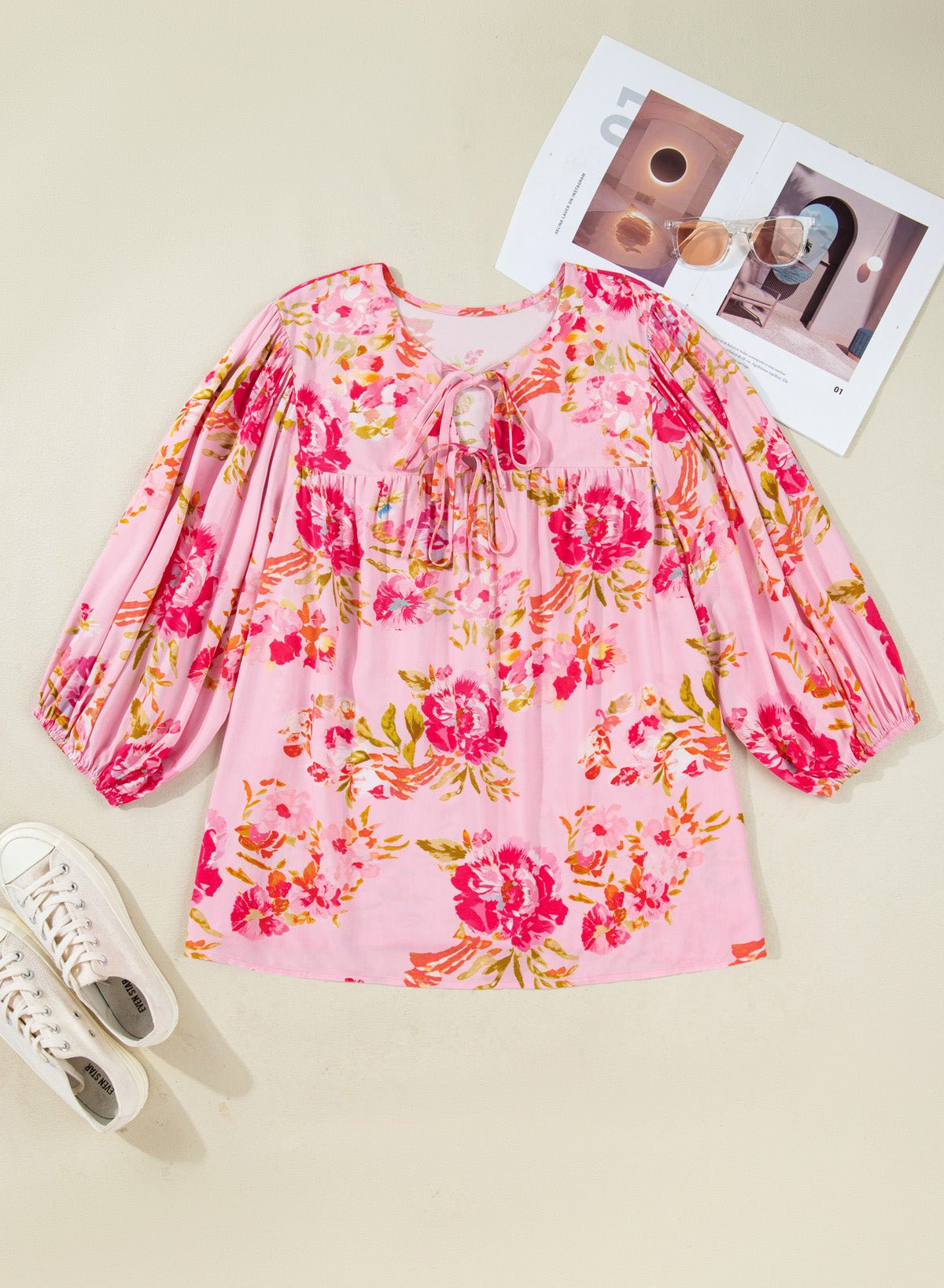 Plus Size Floral Tie V-Neck Puff Sleeve Top - Rooted & Reckless Co.