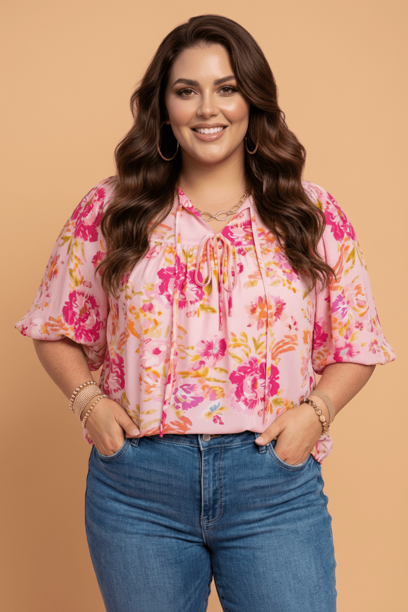 Plus Size Floral Tie V-Neck Puff Sleeve Top - Rooted & Reckless Co.