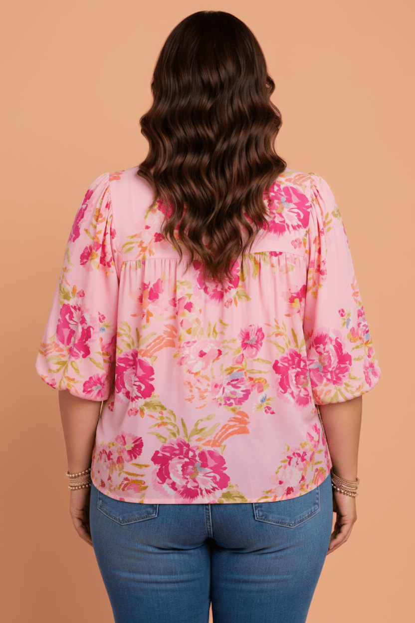 Plus Size Floral Tie V-Neck Puff Sleeve Top - Rooted & Reckless Co.