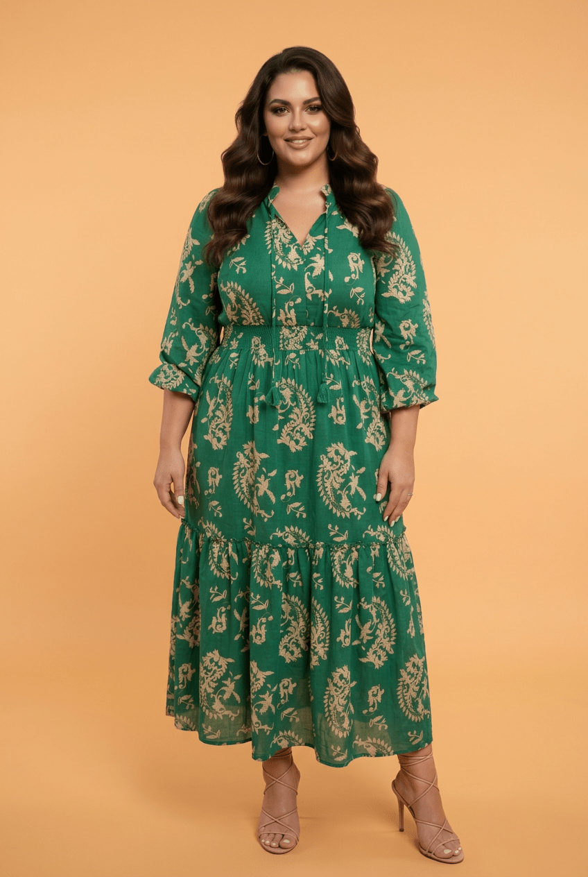 Plus Size Floral V-Neck Puff Sleeve Midi Dress - Rooted & Reckless Co.