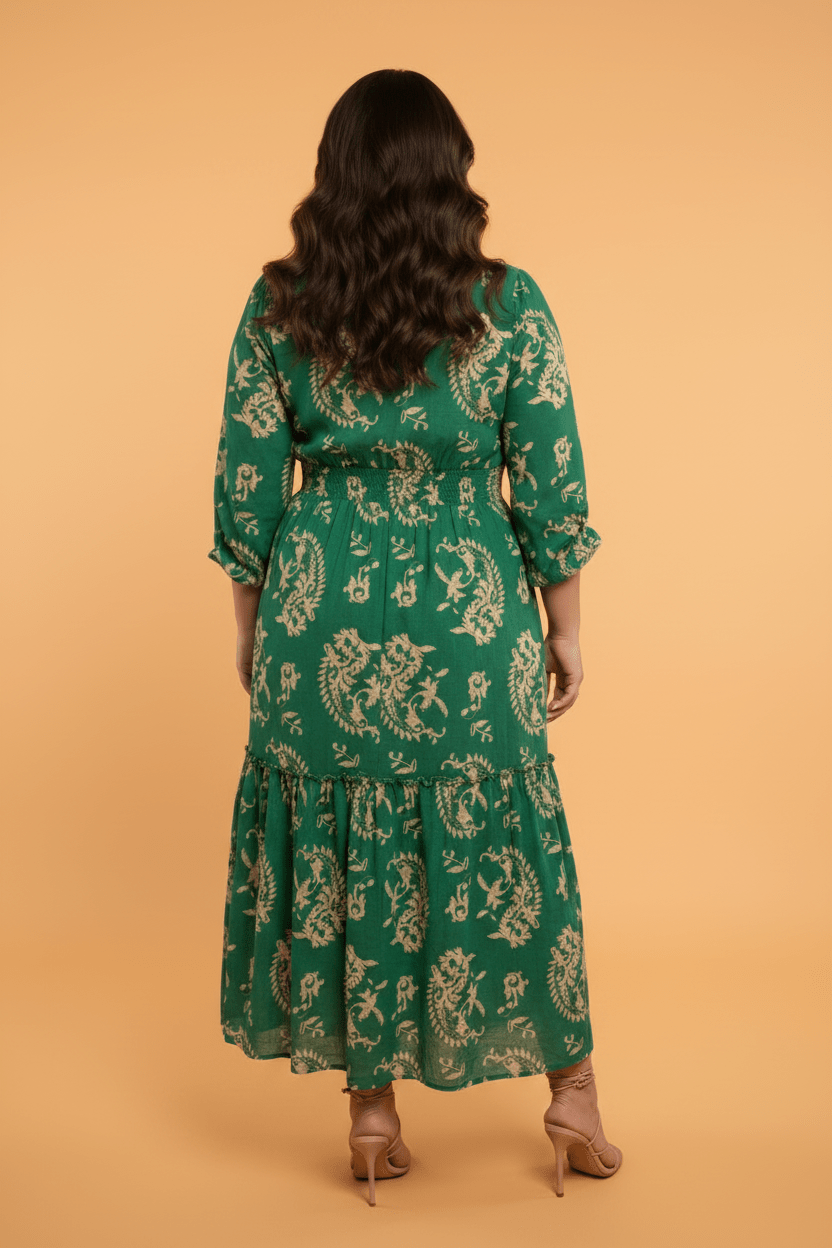 Plus Size Floral V-Neck Puff Sleeve Midi Dress - Rooted & Reckless Co.