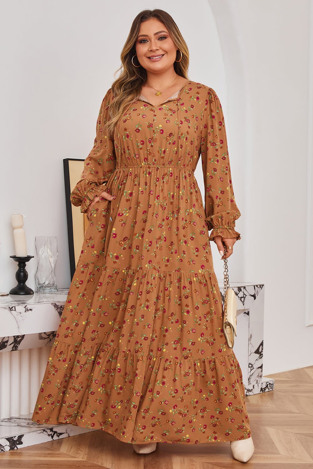 Plus Size Floral V-Neck Ruffle Sleeve Tiered Dress - Rooted & Reckless Co.