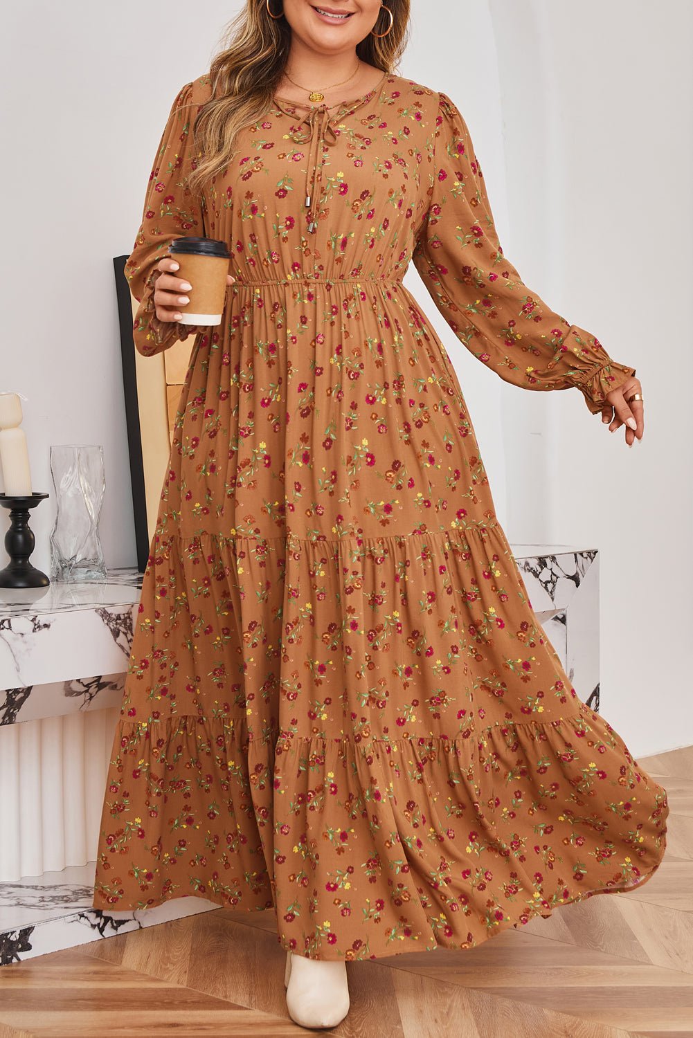 Plus Size Floral V-Neck Ruffle Sleeve Tiered Dress - Rooted & Reckless Co.