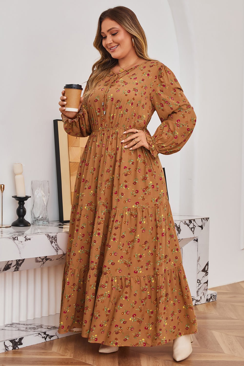 Plus Size Floral V-Neck Ruffle Sleeve Tiered Dress - Rooted & Reckless Co.
