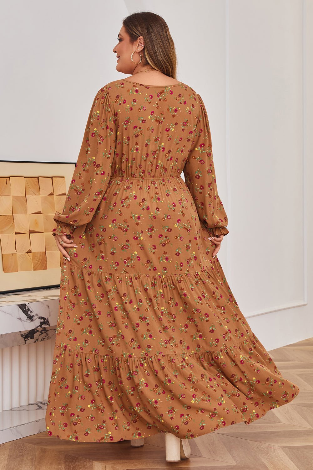 Plus Size Floral V-Neck Ruffle Sleeve Tiered Dress - Rooted & Reckless Co.