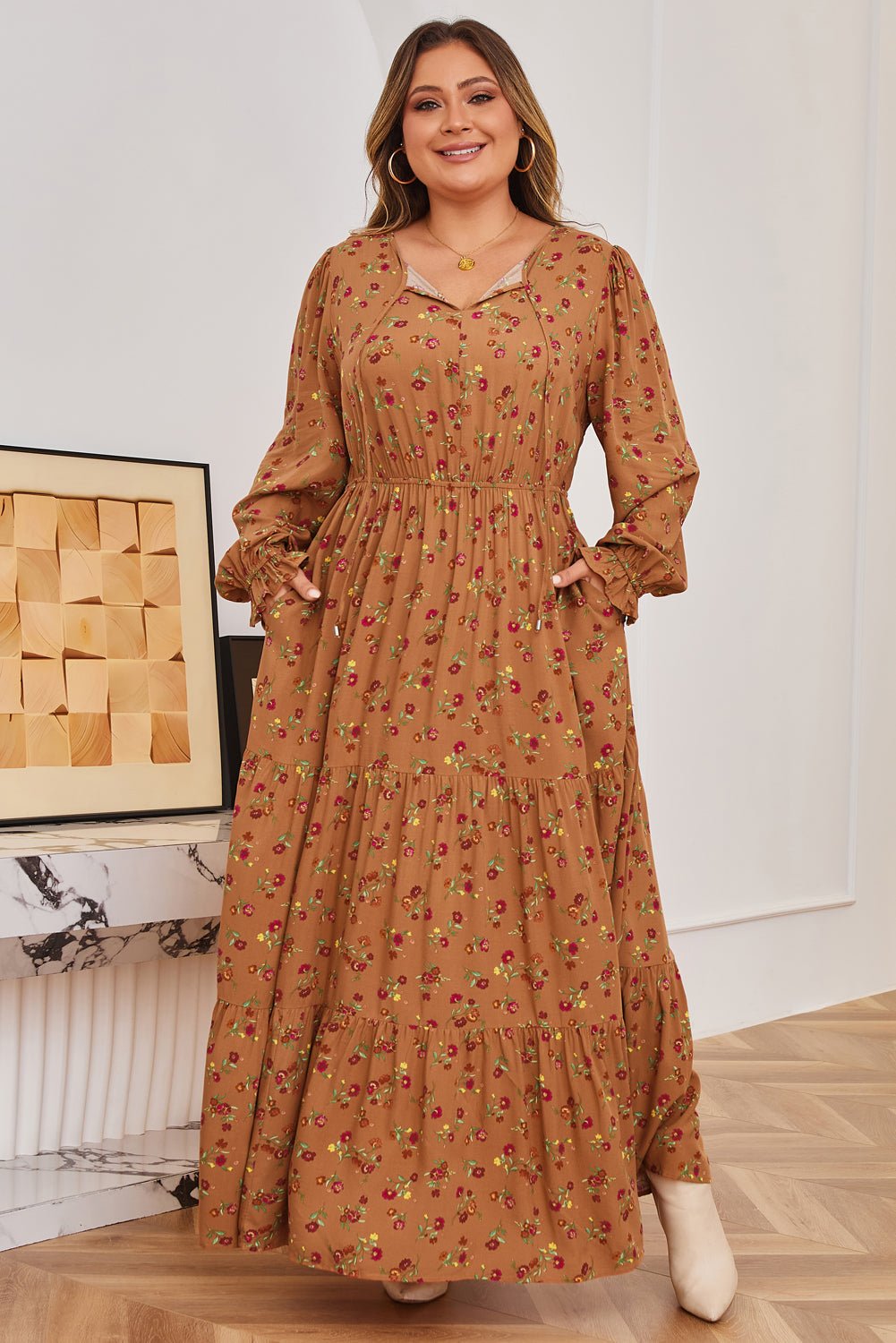 Plus Size Floral V-Neck Ruffle Sleeve Tiered Dress - Rooted & Reckless Co.