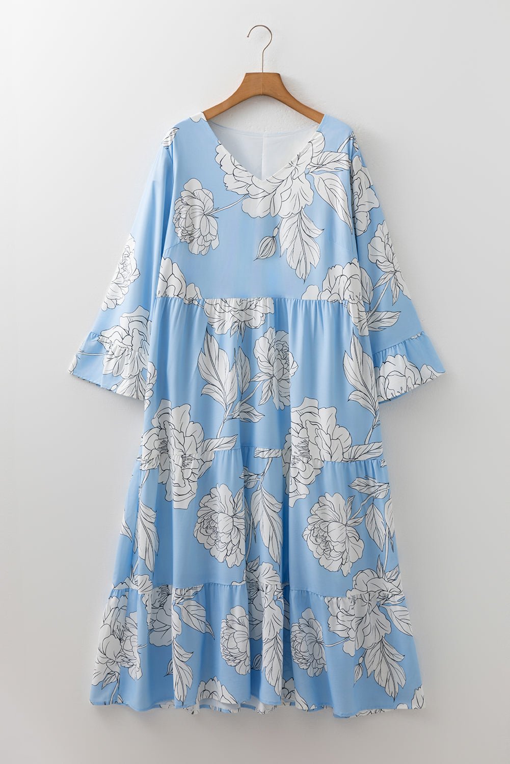Plus Size Floral V-Neck Tiered Maxi Dress - Rooted & Reckless Co.