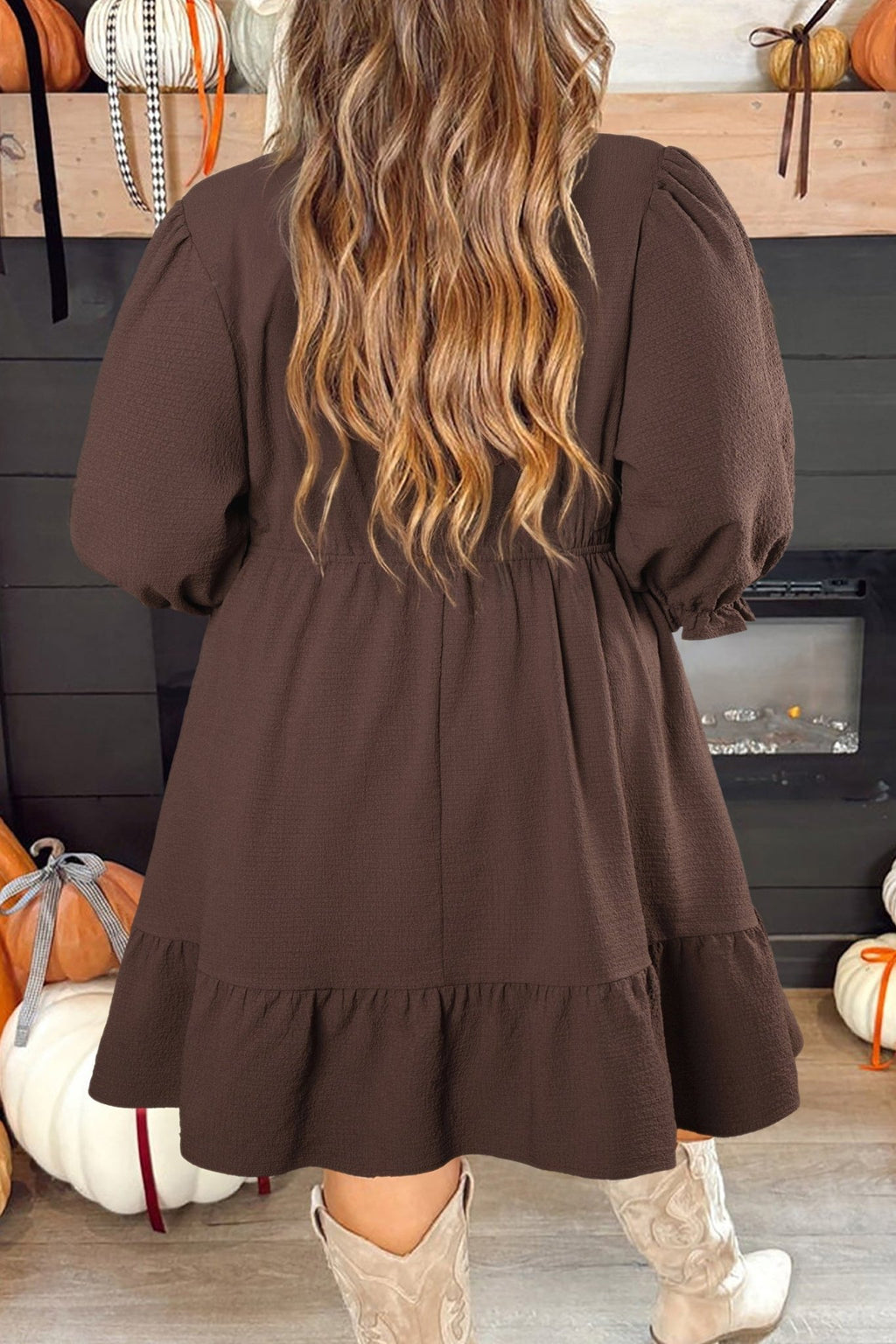 Plus Size Frilled Trim V-Neck Puff Sleeve Textured Dress - Rooted & Reckless Co.