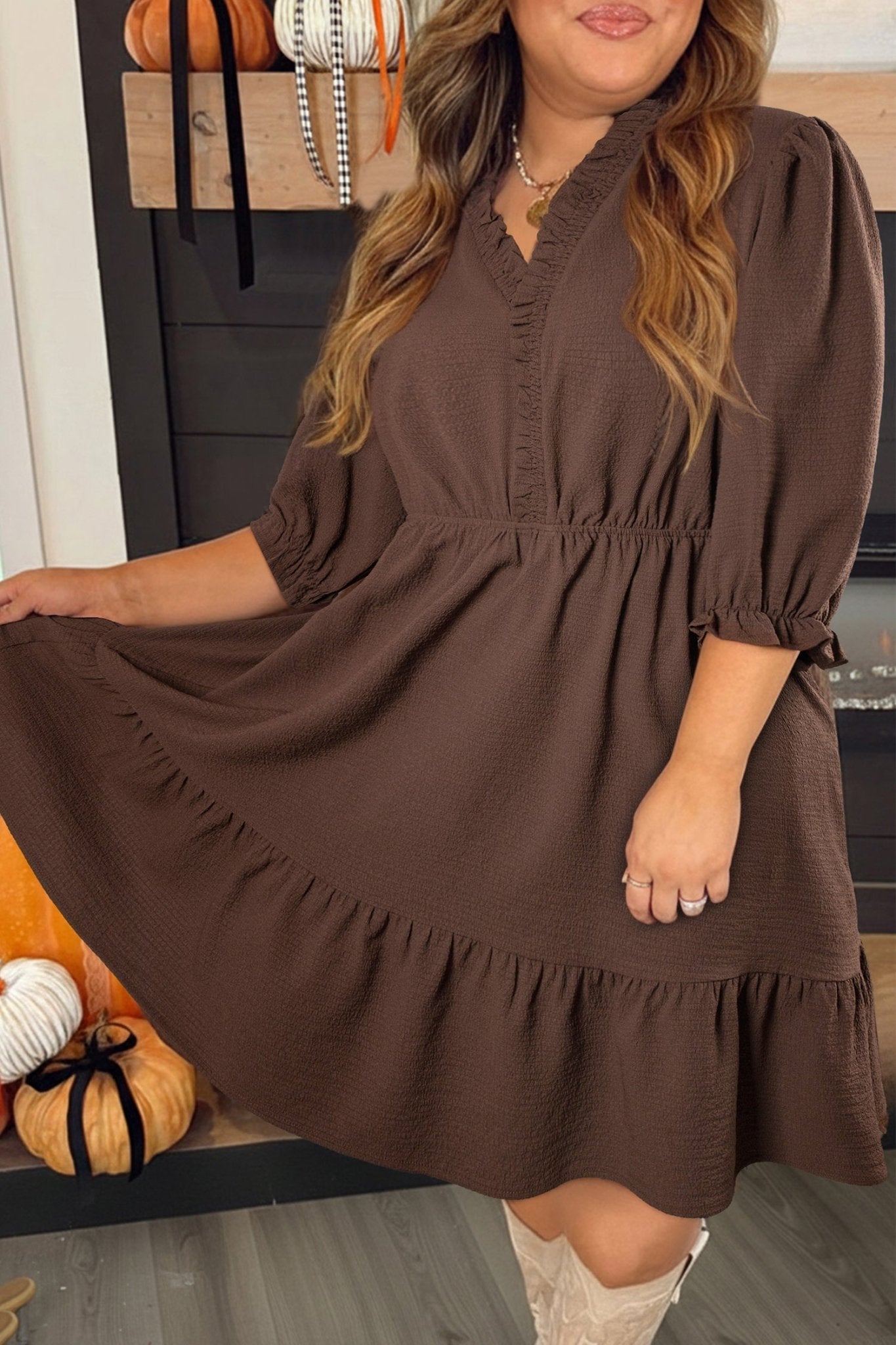 Plus Size Frilled Trim V-Neck Puff Sleeve Textured Dress - Rooted & Reckless Co.