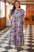 Plus Size Geometric Ruffle Sleeve Maxi Dress - Rooted & Reckless Co.