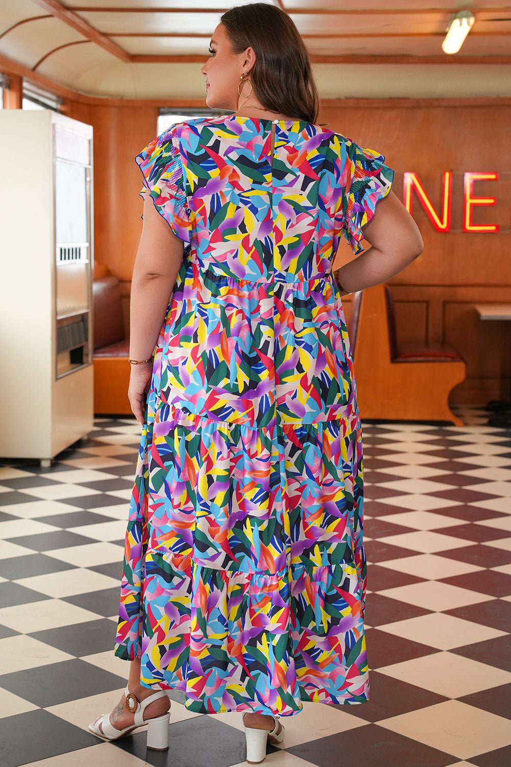 Plus Size Geometric Ruffle Sleeve Maxi Dress - Rooted & Reckless Co.