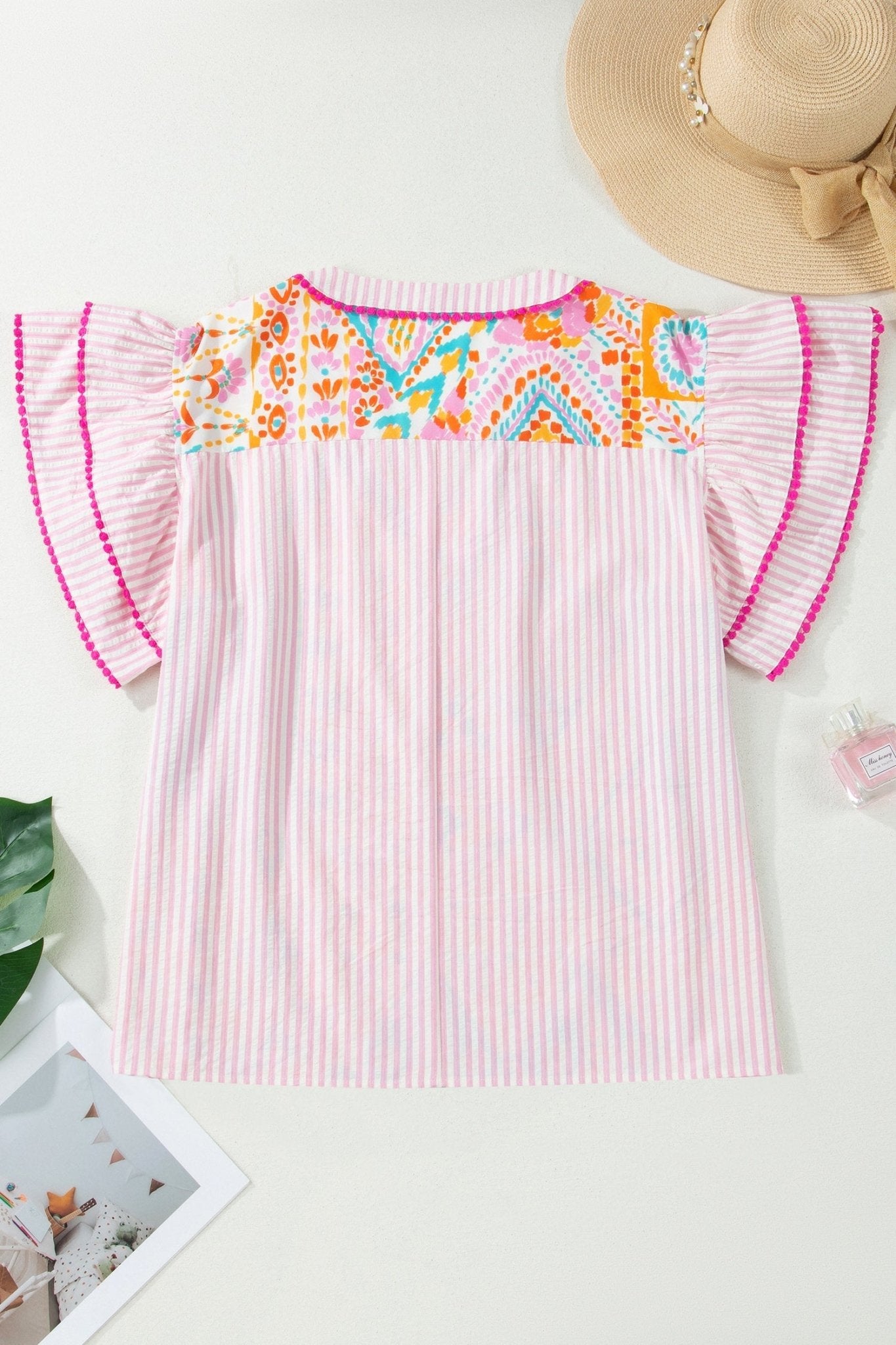 Plus Size Geometric Stripe Contrast Trim V-Neck Blouse - Rooted & Reckless Co.