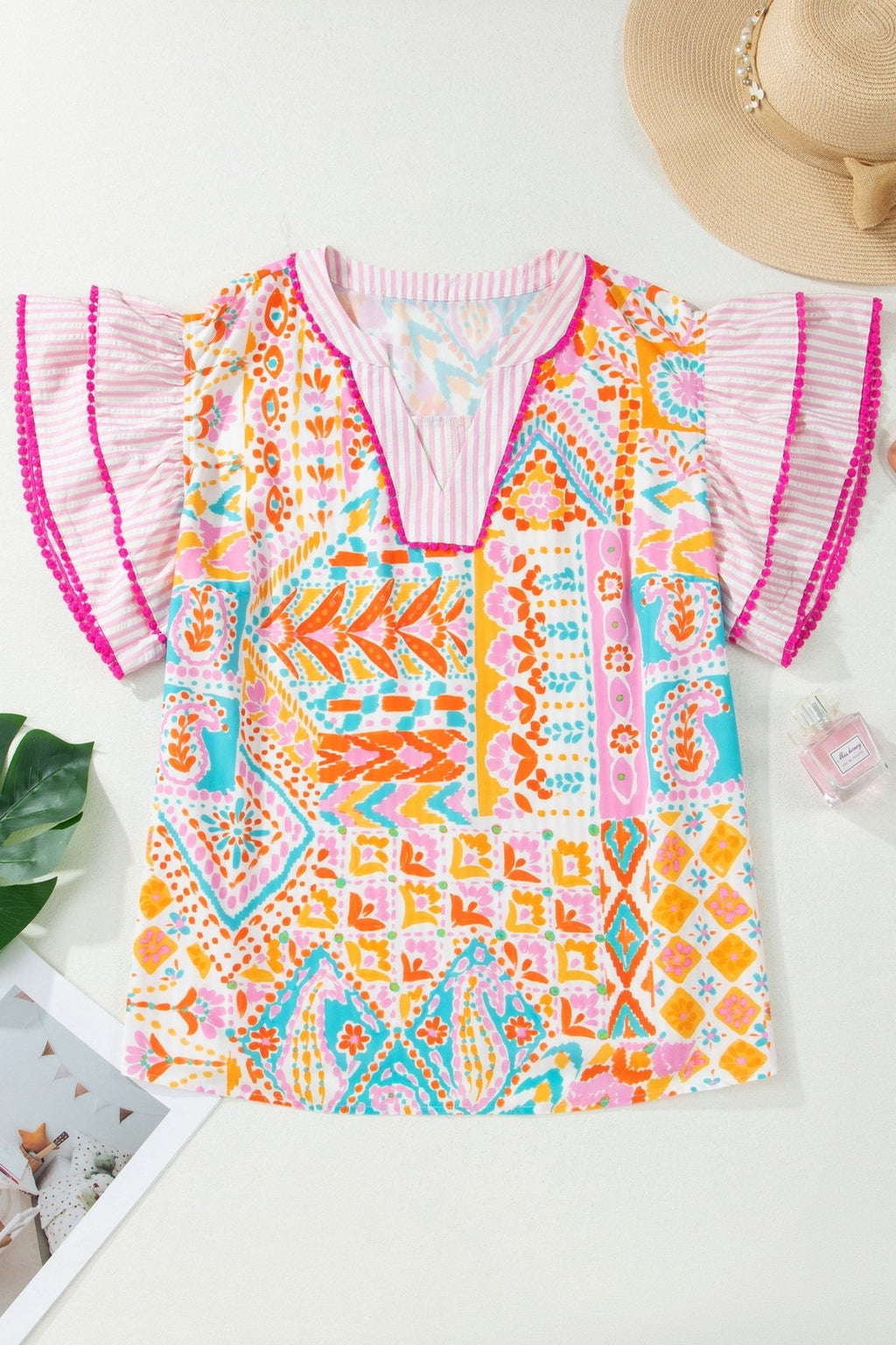 Plus Size Geometric Stripe Contrast Trim V-Neck Blouse - Rooted & Reckless Co.