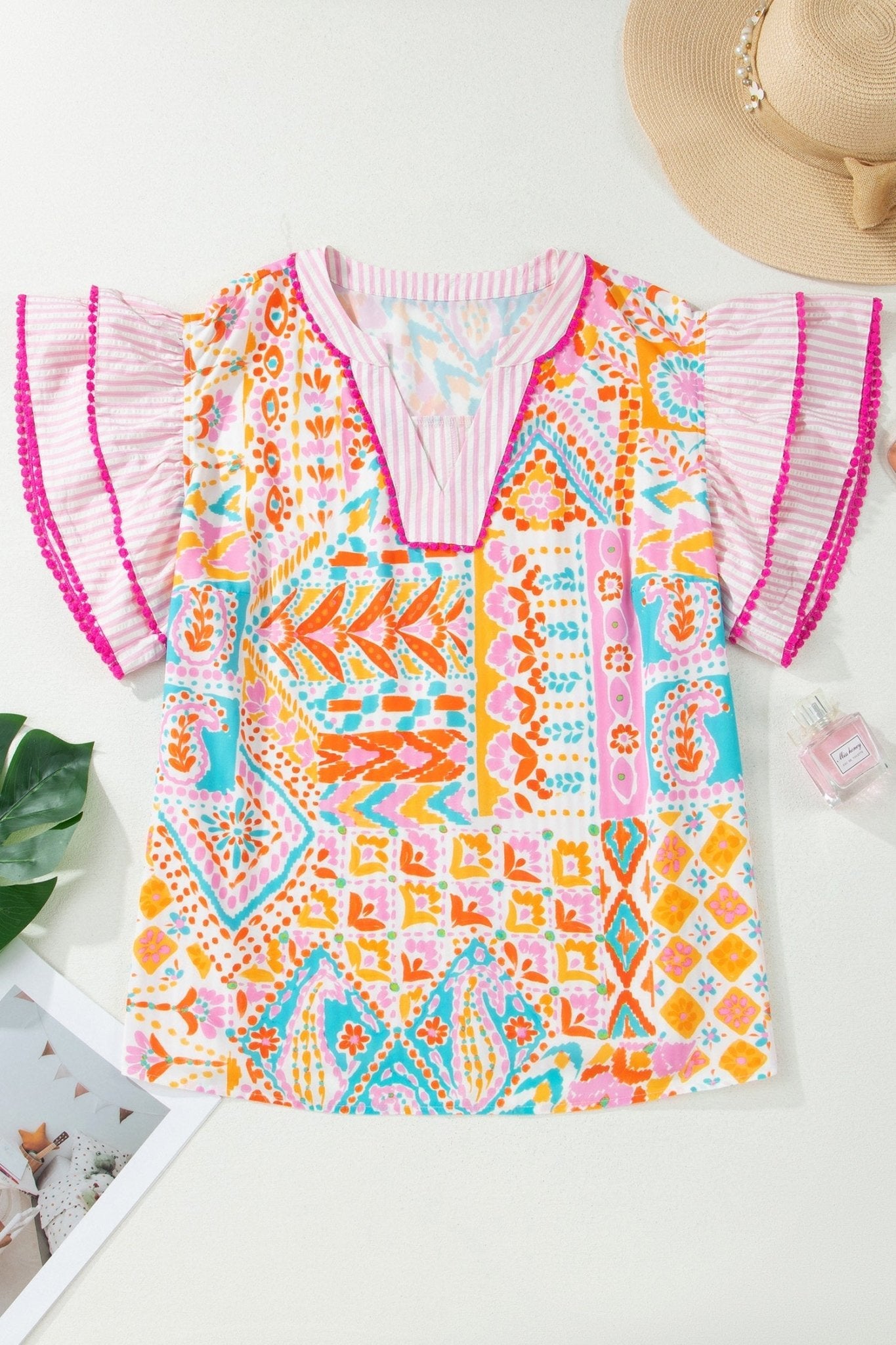 Plus Size Geometric Stripe Contrast Trim V-Neck Blouse - Rooted & Reckless Co.