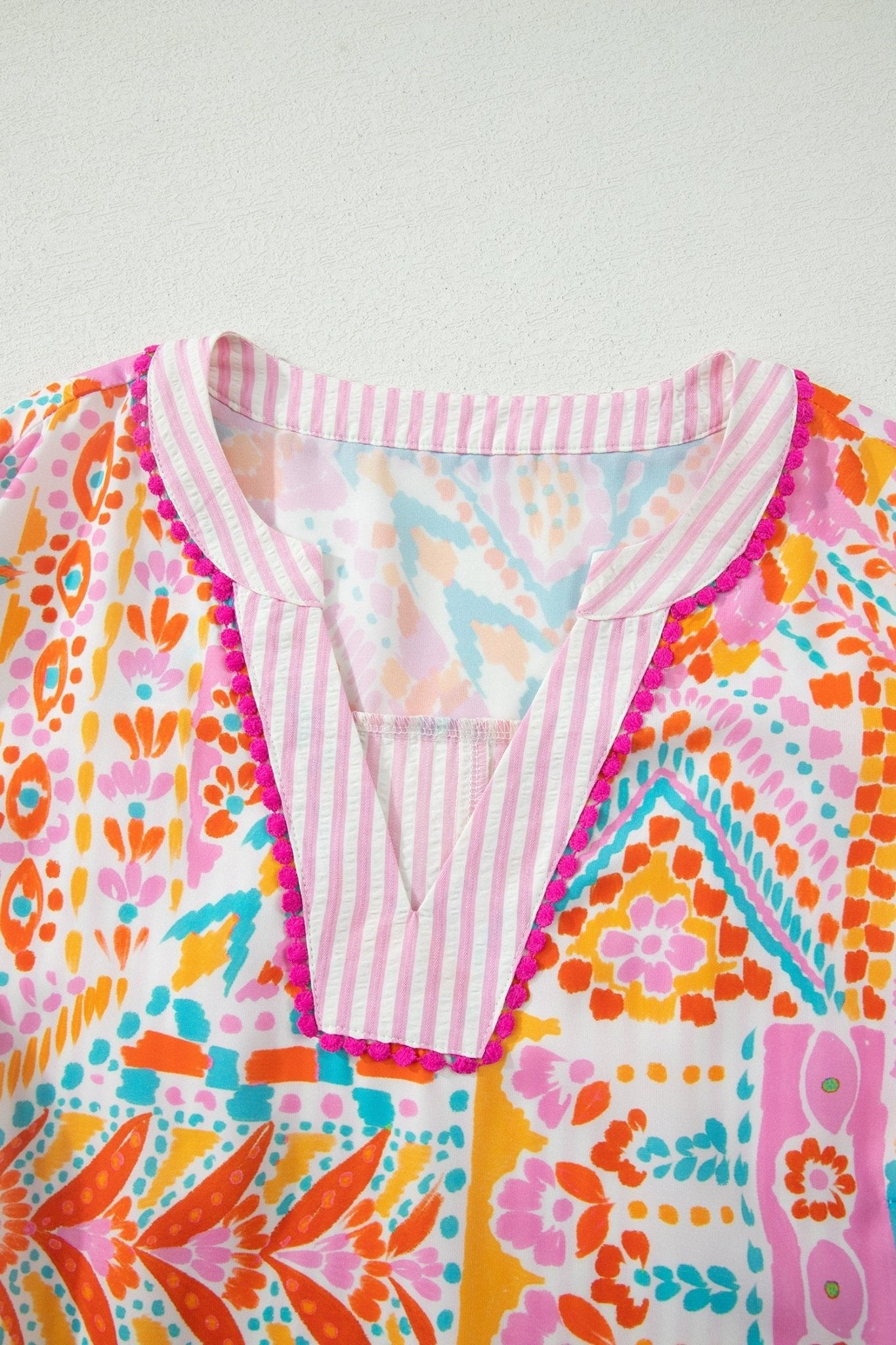 Plus Size Geometric Stripe Contrast Trim V-Neck Blouse - Rooted & Reckless Co.