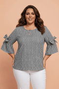 Plus Size Gingham Bow Ruffle Sleeve Top - Rooted & Reckless Co.