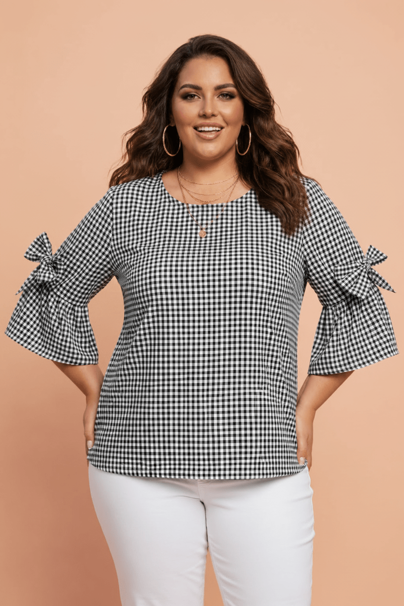 Plus Size Gingham Bow Ruffle Sleeve Top - Rooted & Reckless Co.