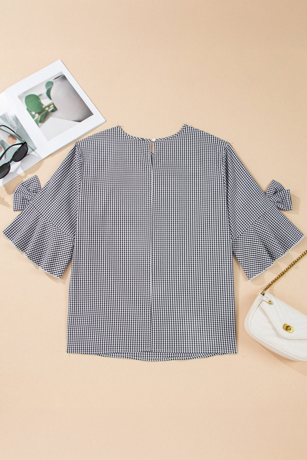 Plus Size Gingham Bow Ruffle Sleeve Top - Rooted & Reckless Co.