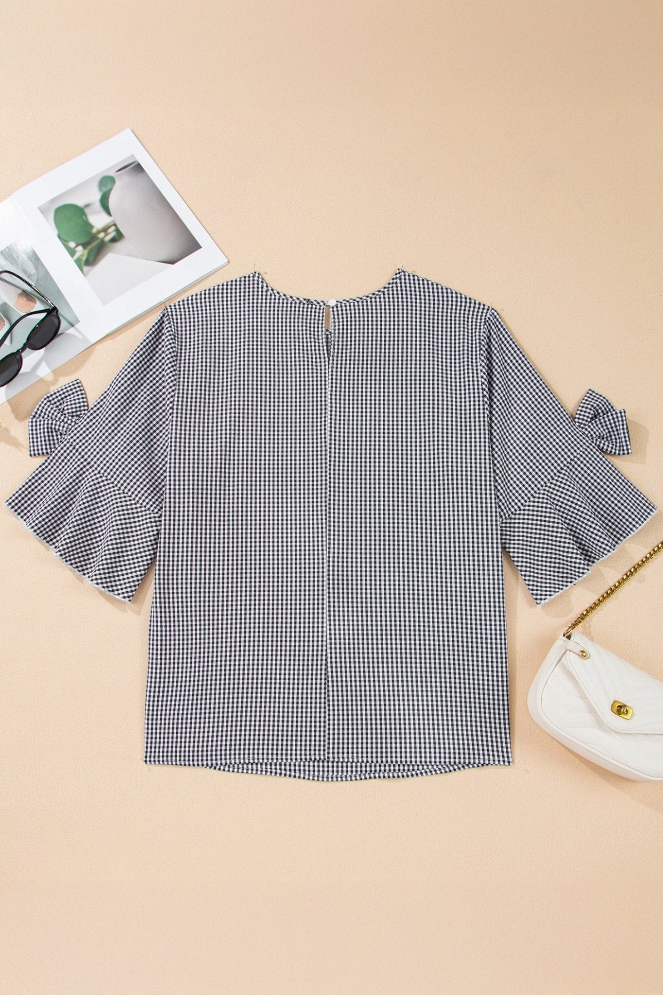 Plus Size Gingham Bow Ruffle Sleeve Top - Rooted & Reckless Co.
