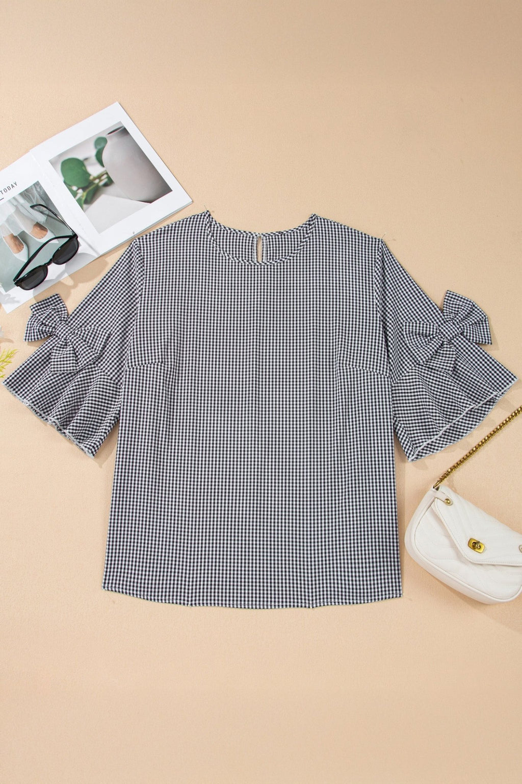 Plus Size Gingham Bow Ruffle Sleeve Top - Rooted & Reckless Co.