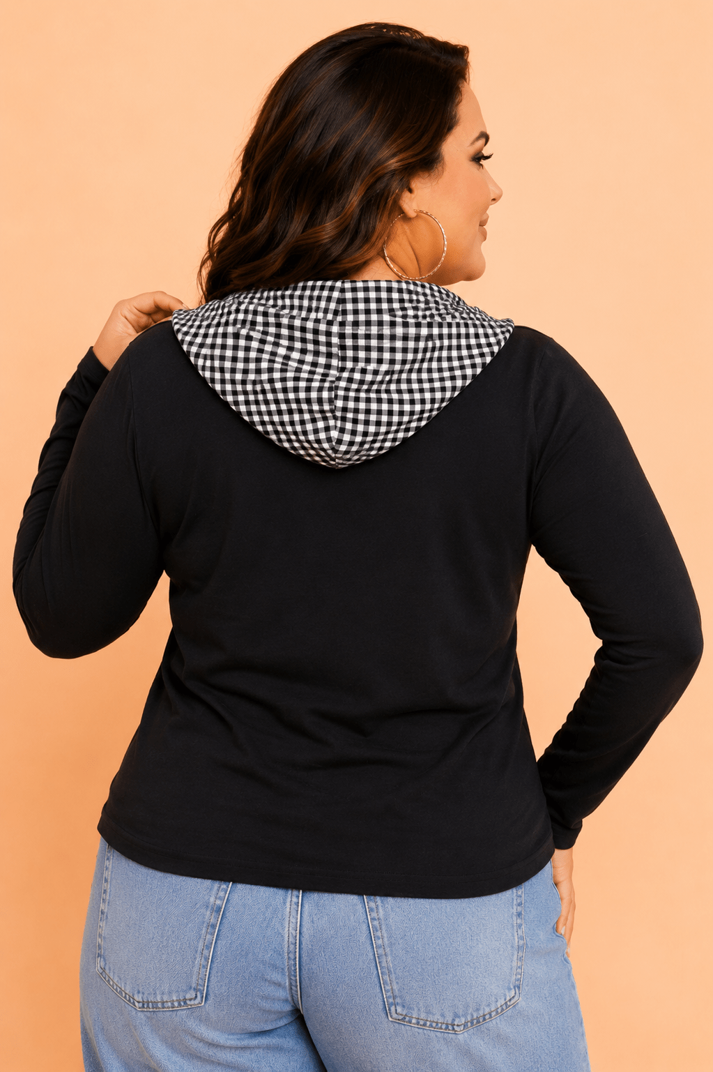 Plus Size Gingham Patchwork Long Sleeve Hooded Blouse - Rooted & Reckless Co.