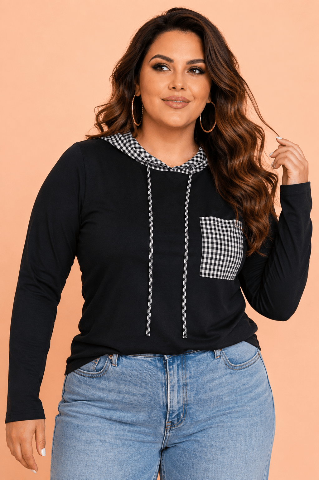 Plus Size Gingham Patchwork Long Sleeve Hooded Blouse - Rooted & Reckless Co.